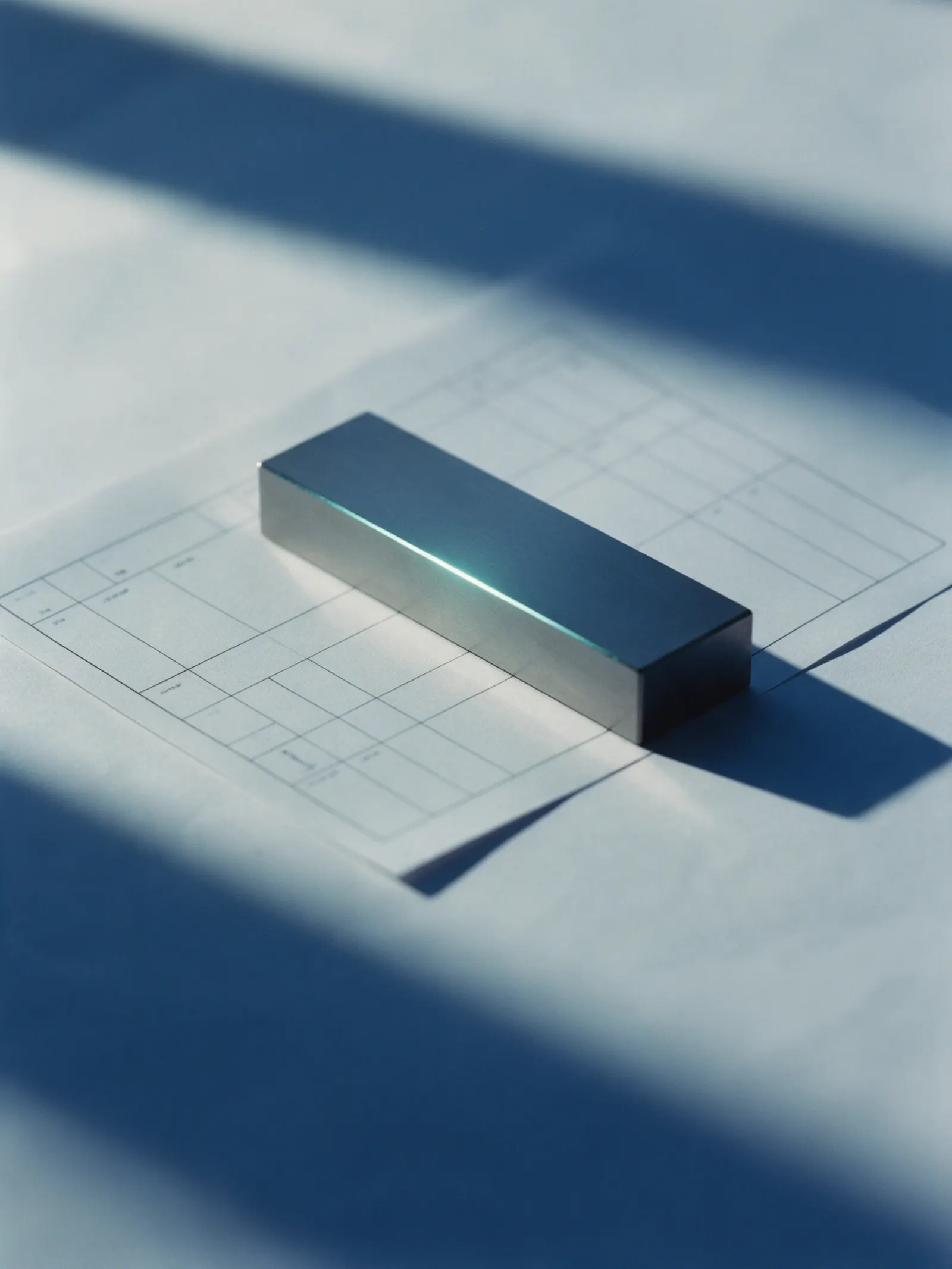 A precision steel gauge block resting on a printed proof sheet