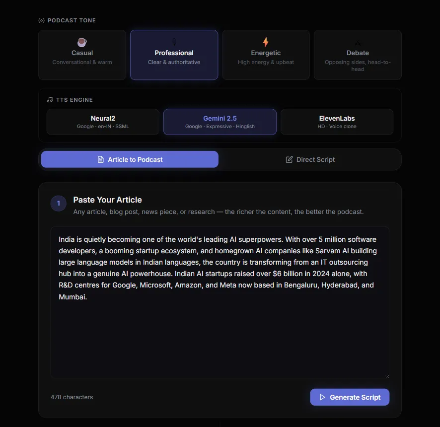 The tool: pick a tone and a voice engine, paste the article, generate the script